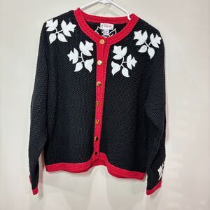 Vintage Orvis Chunky Cardigan Floral Women L Black Red Waffle Knit Cottage Xmas